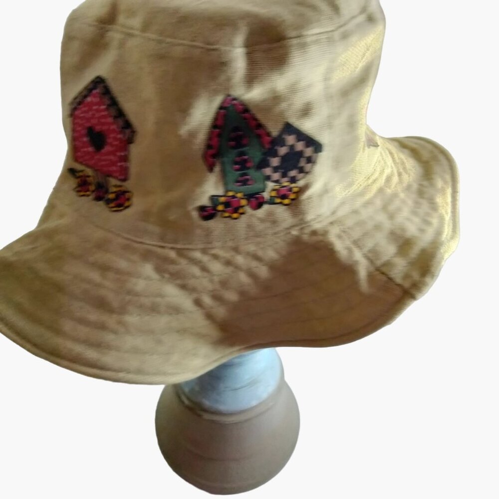 Bucket Hat Cap Birdhouse Garden Khaki Linen Floppy Brim Womens - Picture 5 of 10